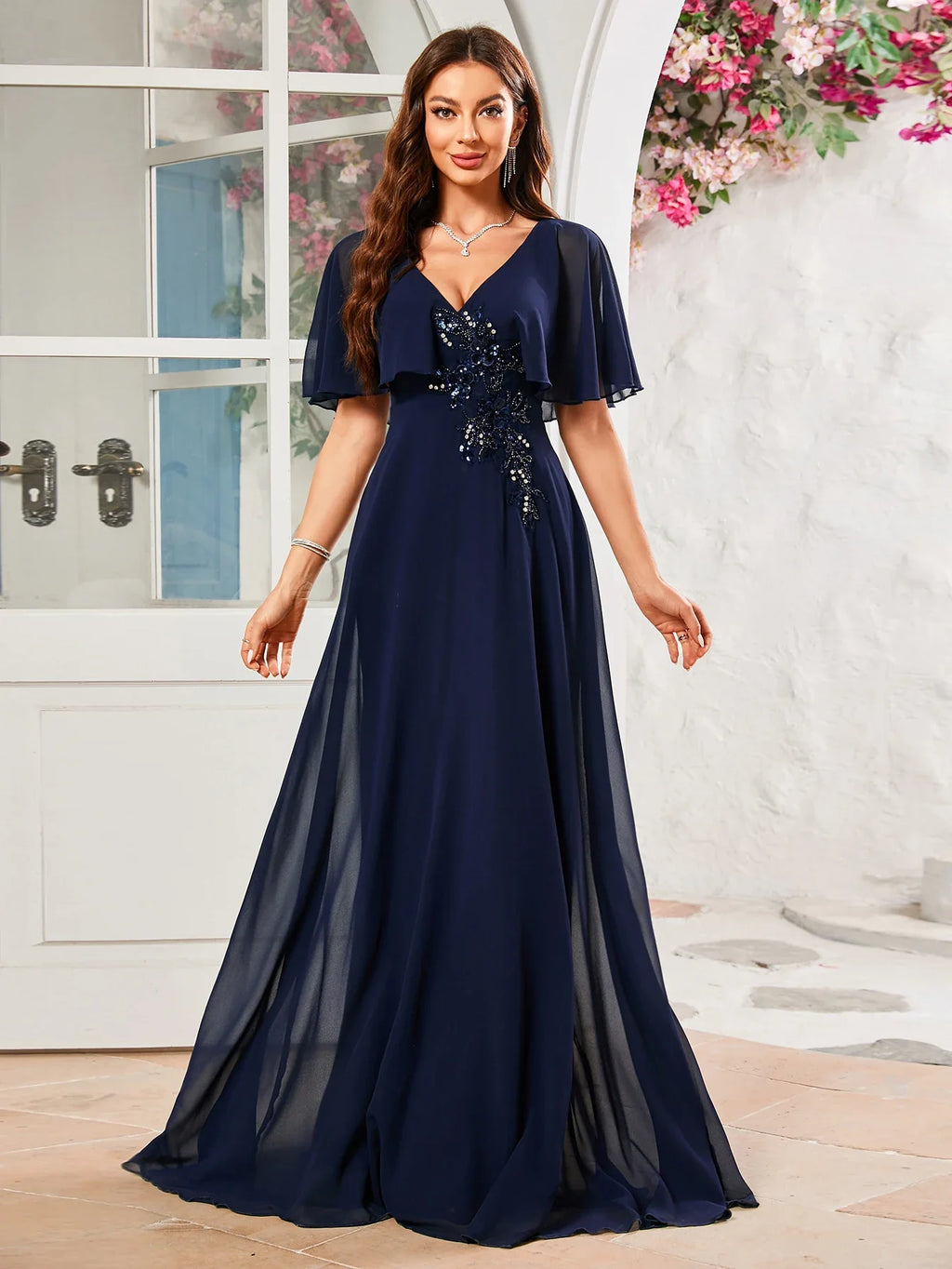 Flounce Sleeve V Neck Beaded Chiffon Bridesmaid Dress