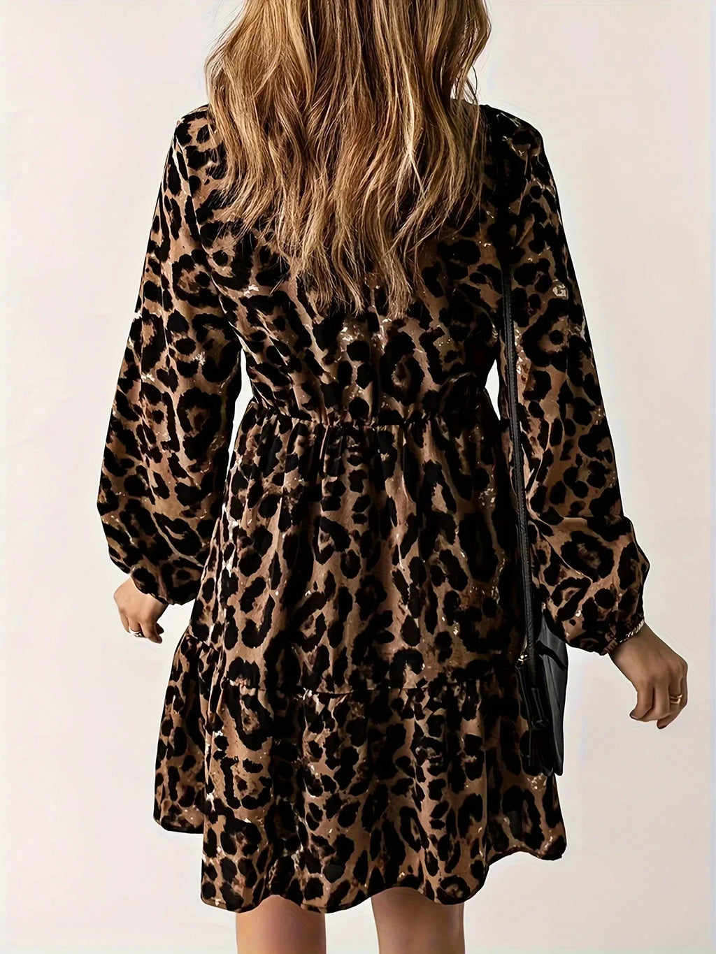 Leopard Print Long Sleeve Dress with V Neck Knee Length