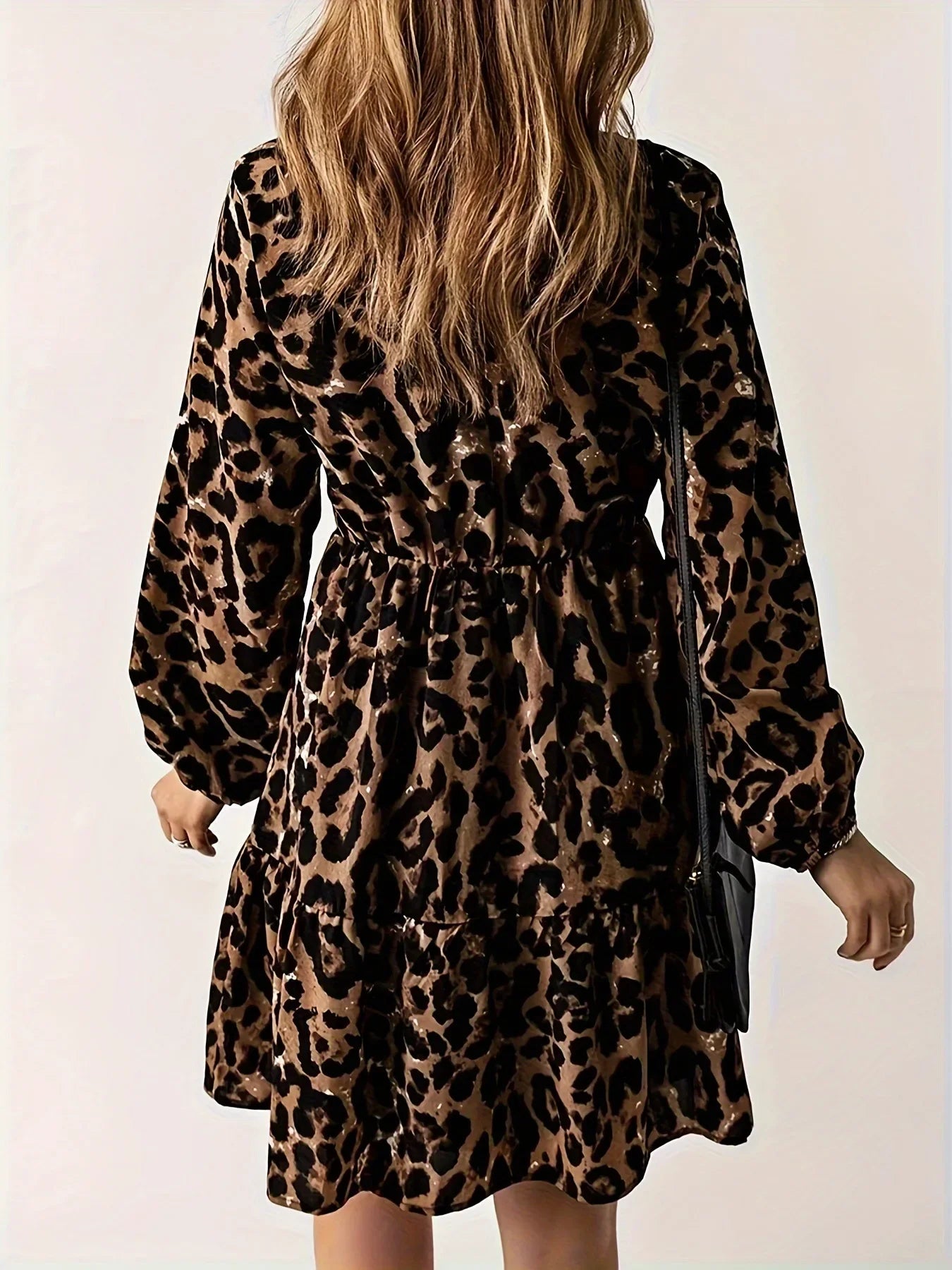 Leopard Print Long Sleeve Dress with V Neck Knee Length