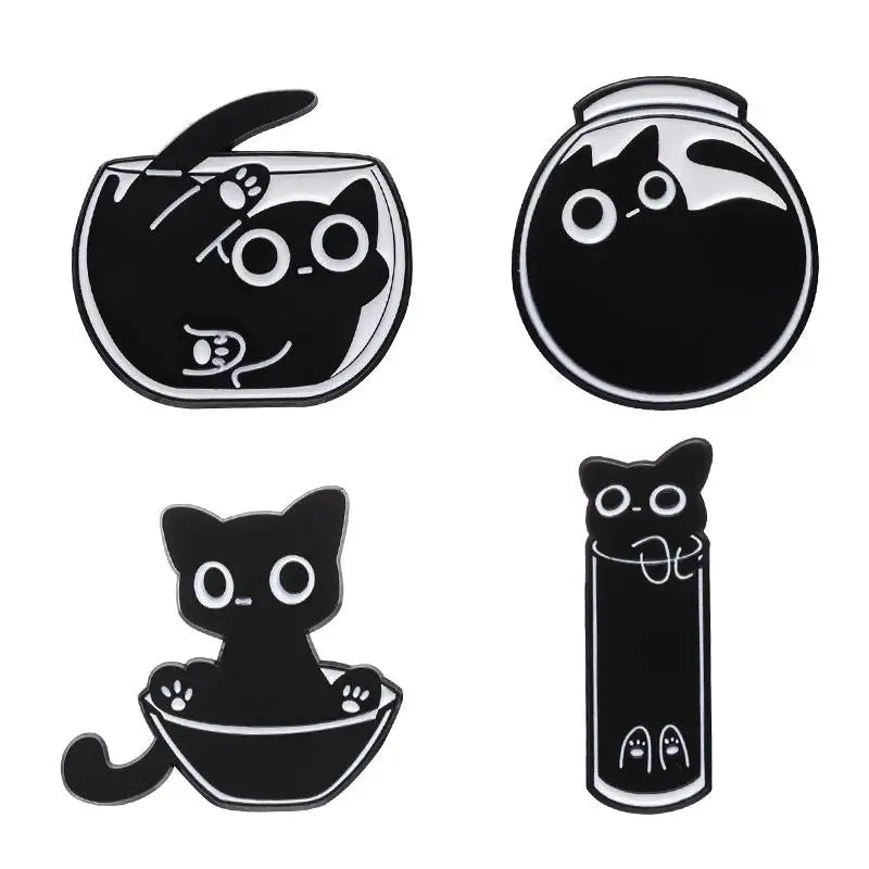 Cute Cat Enamel Pins Set of 4 to 6 Black Fluid Cat Brooches Lapel Badges Unique Animal Jewelry Gift