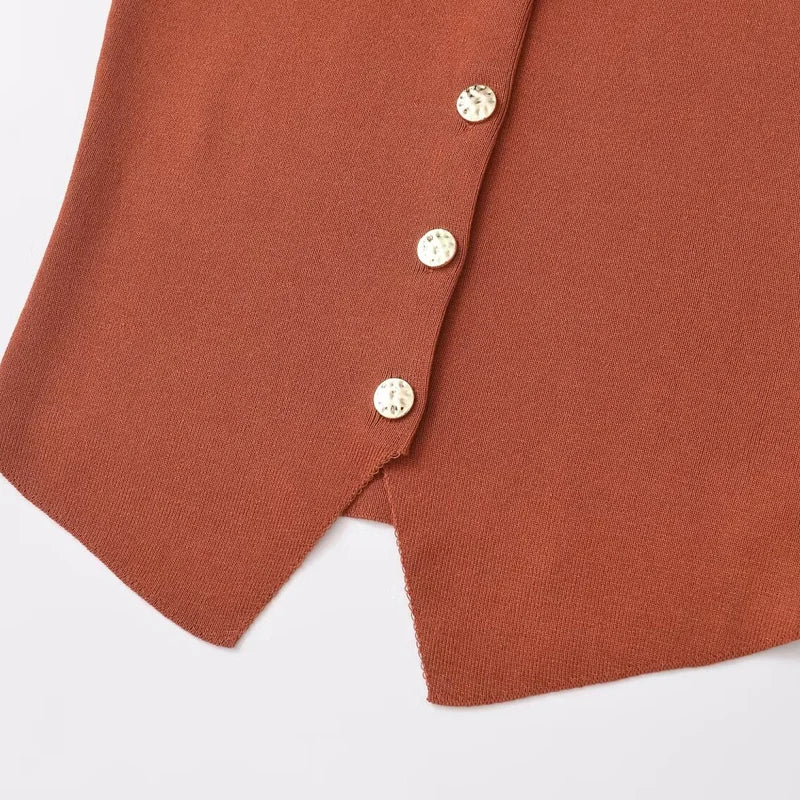 Women's 2 Piece Knit Skirt Set with Cropped Sleeveless Vest and High Waist Slim Fit Skirt in Solid Color with Gold Button Detail