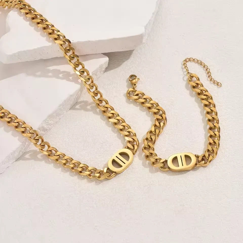 Gold Color Cuban Chain Necklace and Bracelet Set for Women with Geometric Charms
