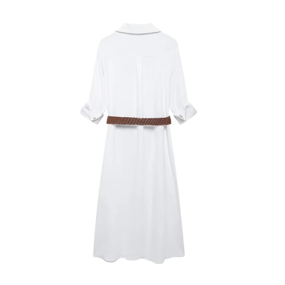 Belted Midi Shirt Dress With Flip Collar For Everyday Wear