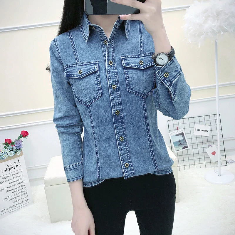 Women's High Quality Denim Shirt Long Sleeve Single Button Blouse with Pockets Casual Korean Style Autumn Winter Top