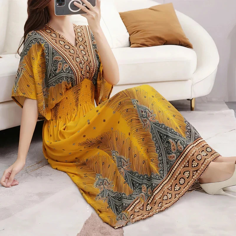 Chic Womens V Neck Vintage Boho Print A Line Dress Style