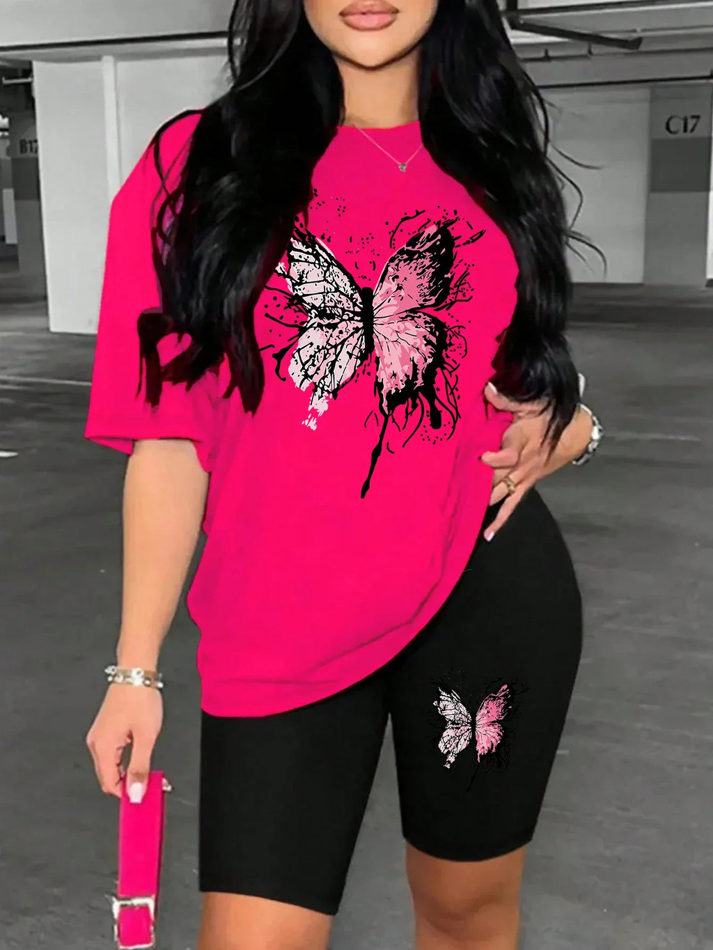 Beautiful Butterfly Print Women's Short Sleeve T-Shirt and Soft Polyester Shorts Two-Piece Set Casual Comfortable Sportswear