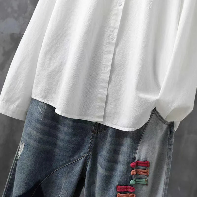 Cotton White Embroidered Long Sleeve Women's Shirt with Lapel Collar and Button Detail Casual Fashion Blouse for Everyday Wear