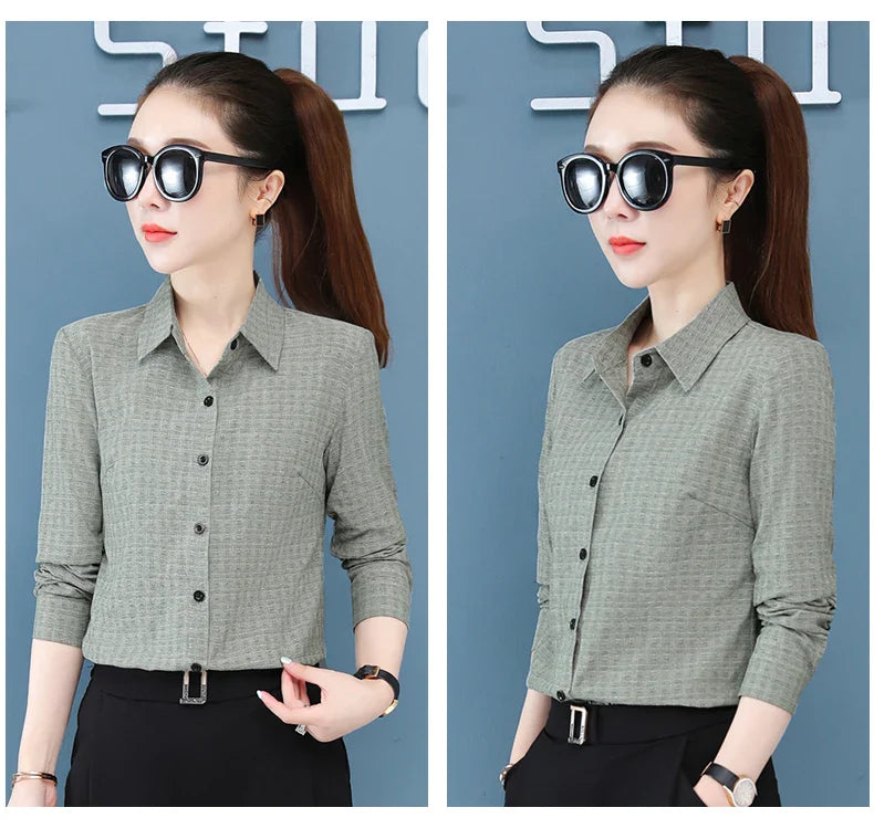 Women's Long Sleeve Slimming Cotton Shirt with Flip Collar Casual Versatile Top for Spring and Autumn Fashion