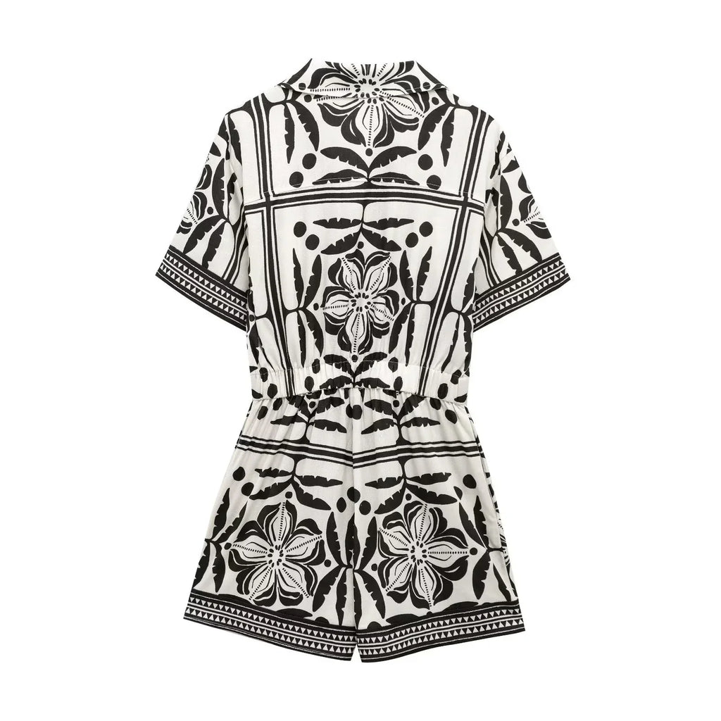 Slim Fit Printed Cuban Collar Jumpsuit Shorts for Women Casual Vacation Style Summer Wear