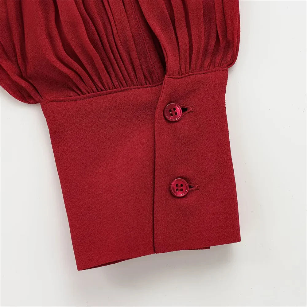 Women's Casual Long Sleeve Bow Tie Shirt Retro Loose Fit Solid Color Spring Top