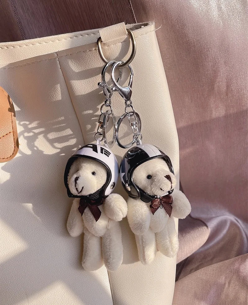 Helmeted Bear Charm Keychain Plush Ornament for Bags and Backpacks