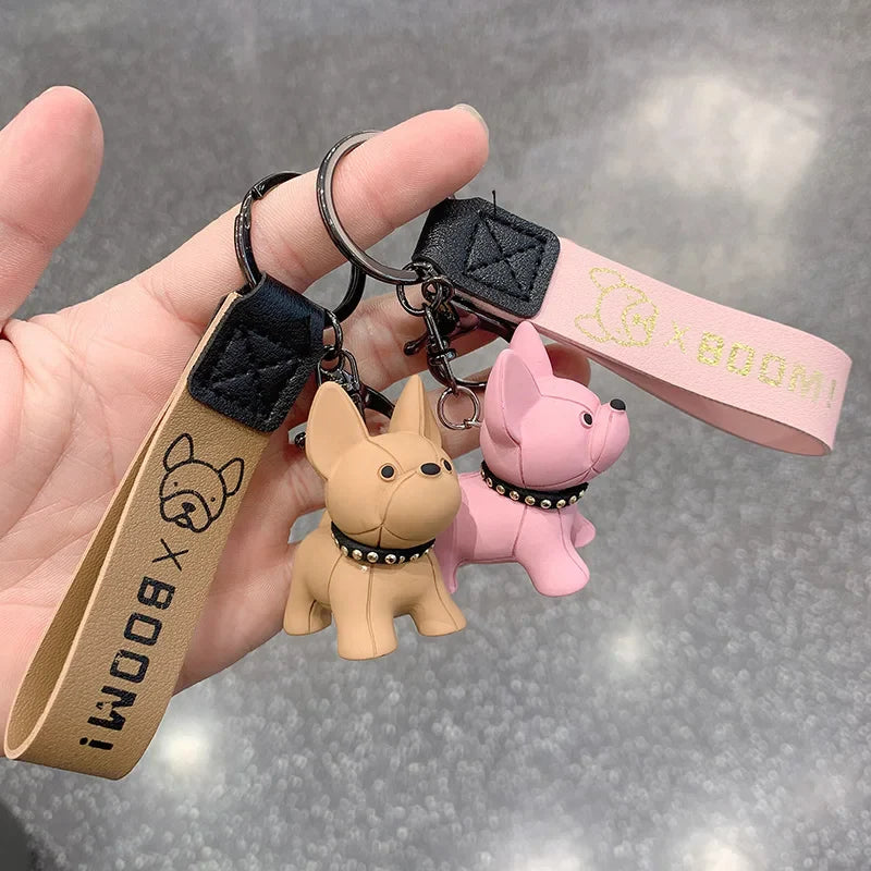 Punk French Bulldog Keychain PU Leather Dog Bag Pendant for Women and Men Car Key Ring