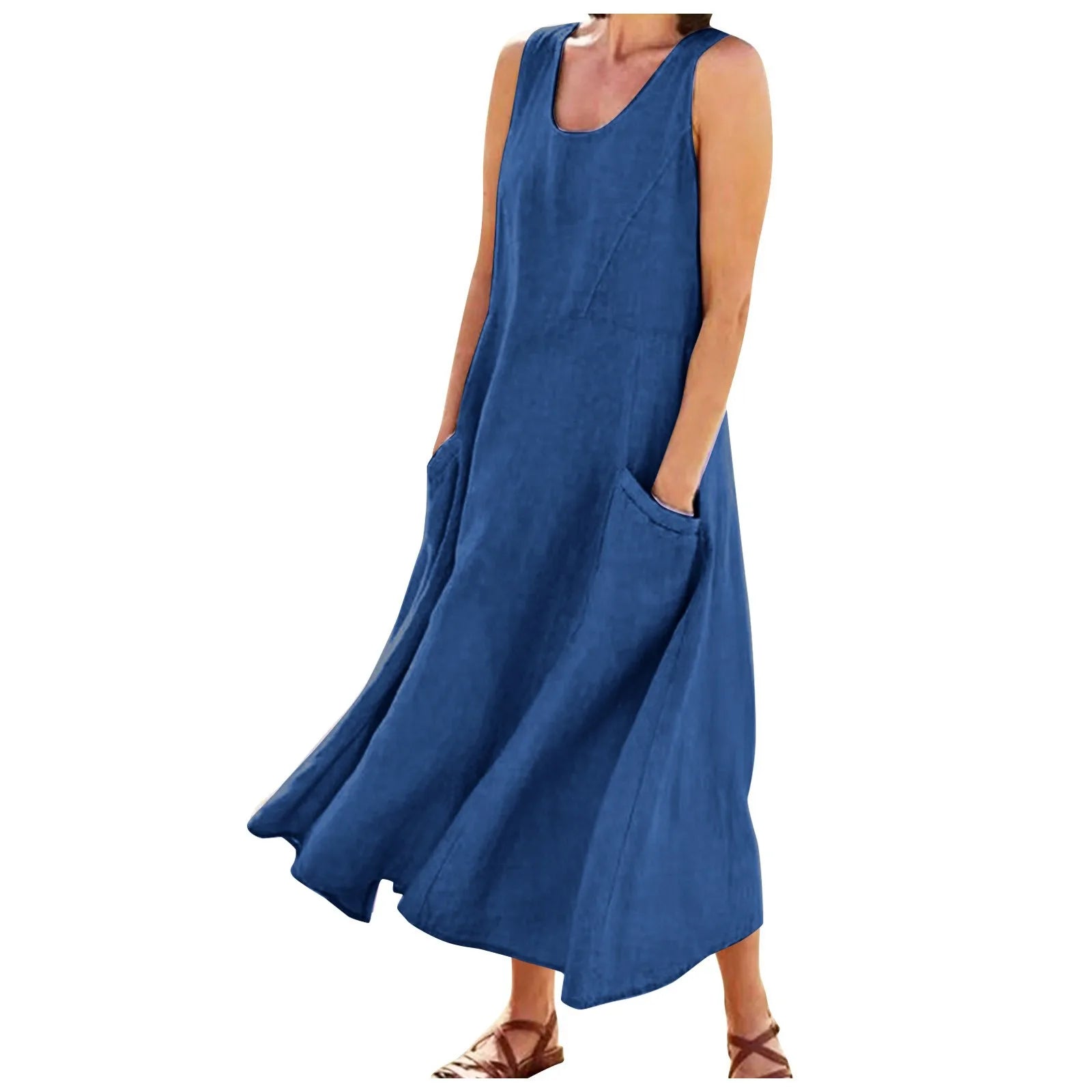 Cotton Linen Maxi Dress Plus Size Boho Sleeveless Pocket