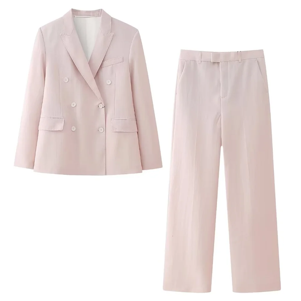 Pink Draping Casual Double Breasted Women's Commuter Suit Coat with Straight Leg Pants