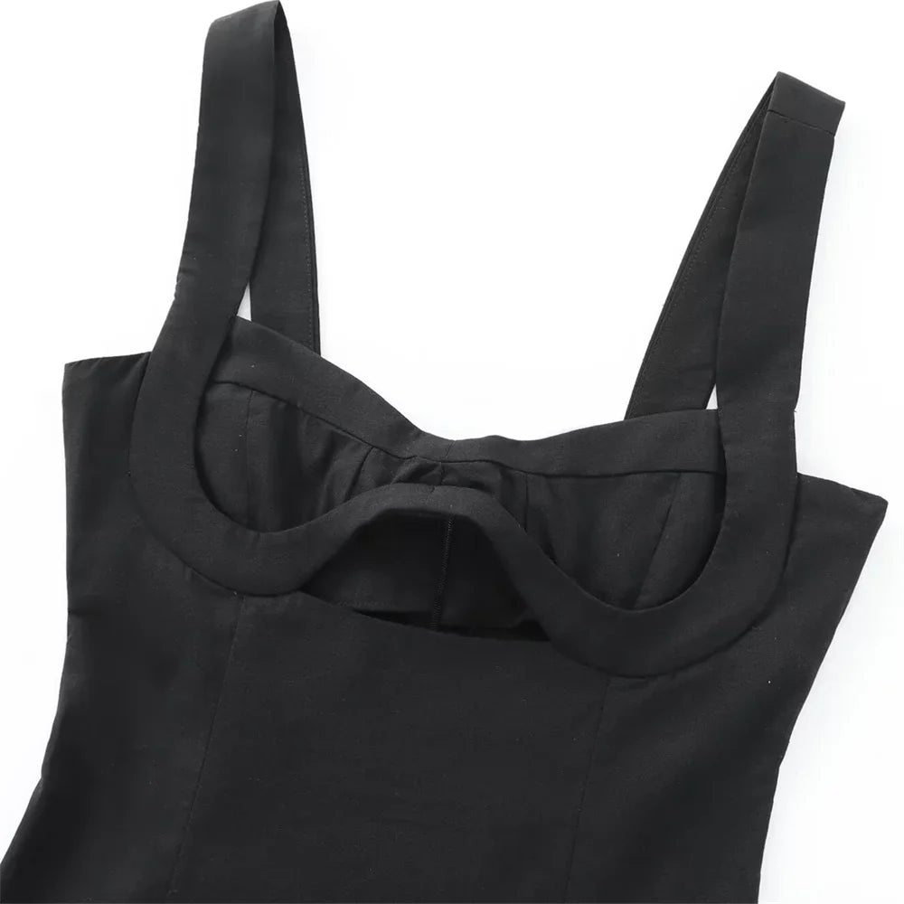 Black Linen Blend Dress Slim Fit With Wide Straps For Women