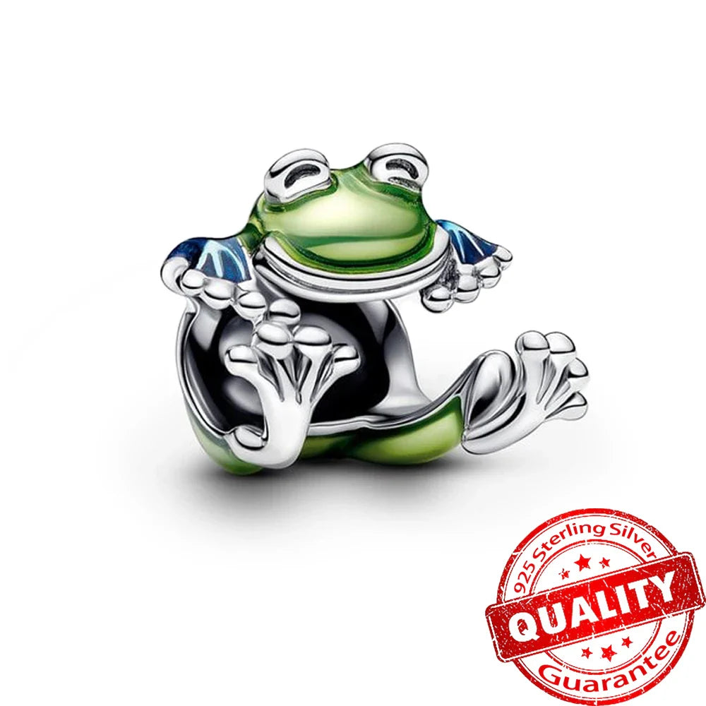 925 Sterling Silver Green Monstera Leaves Frog Dangle Charm for Necklace and Bracelet