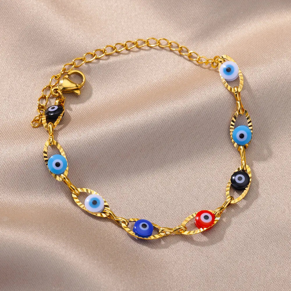 Gothic Rainbow Evil Eye Bracelet for Women Stainless Steel Gold Color Turkish Charm Chain Jewelry