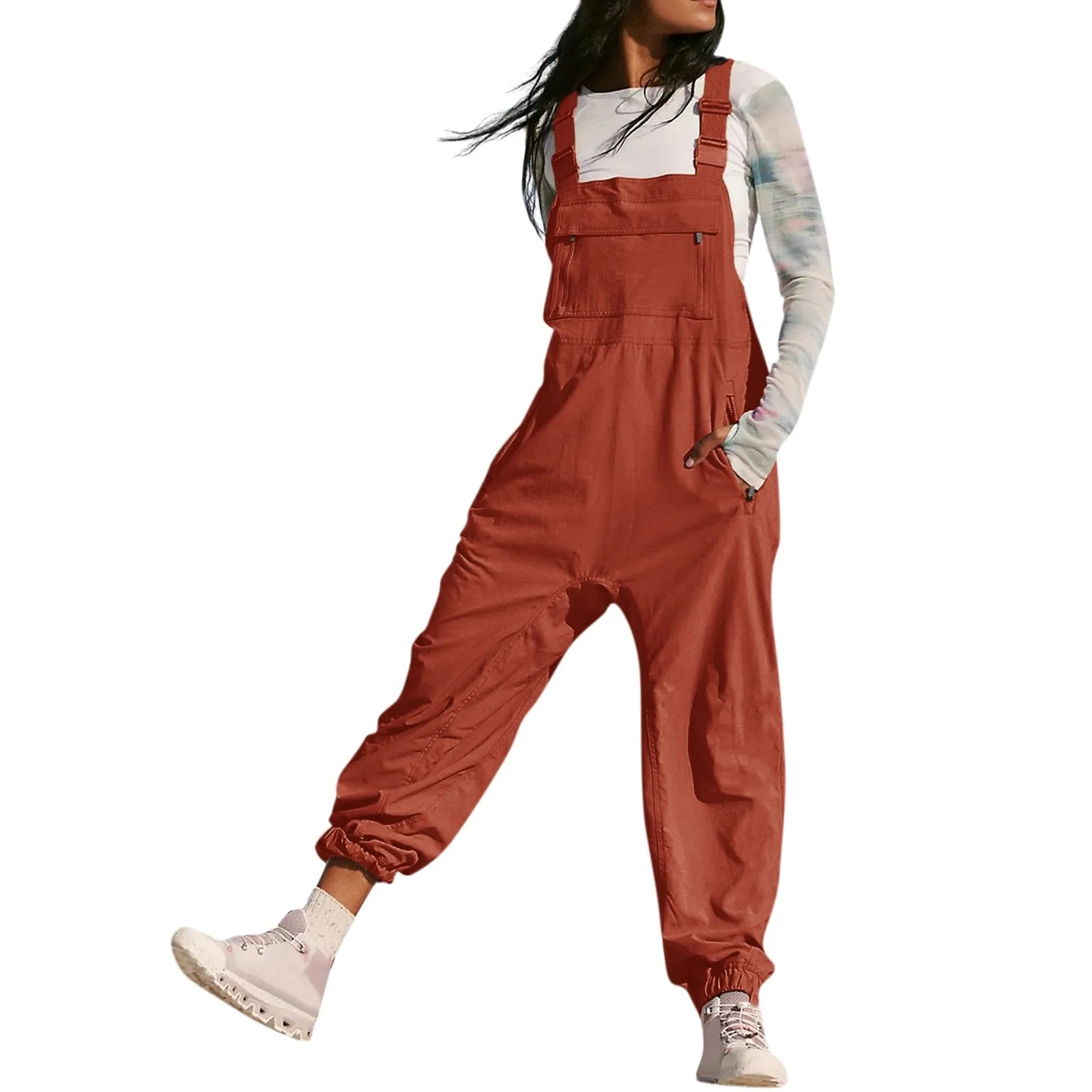Women's Summer Casual Loose Wide Leg Jumpsuit with Adjustable Straps Pockets and Retro Button Detail Solid Color Sleeveless Overalls