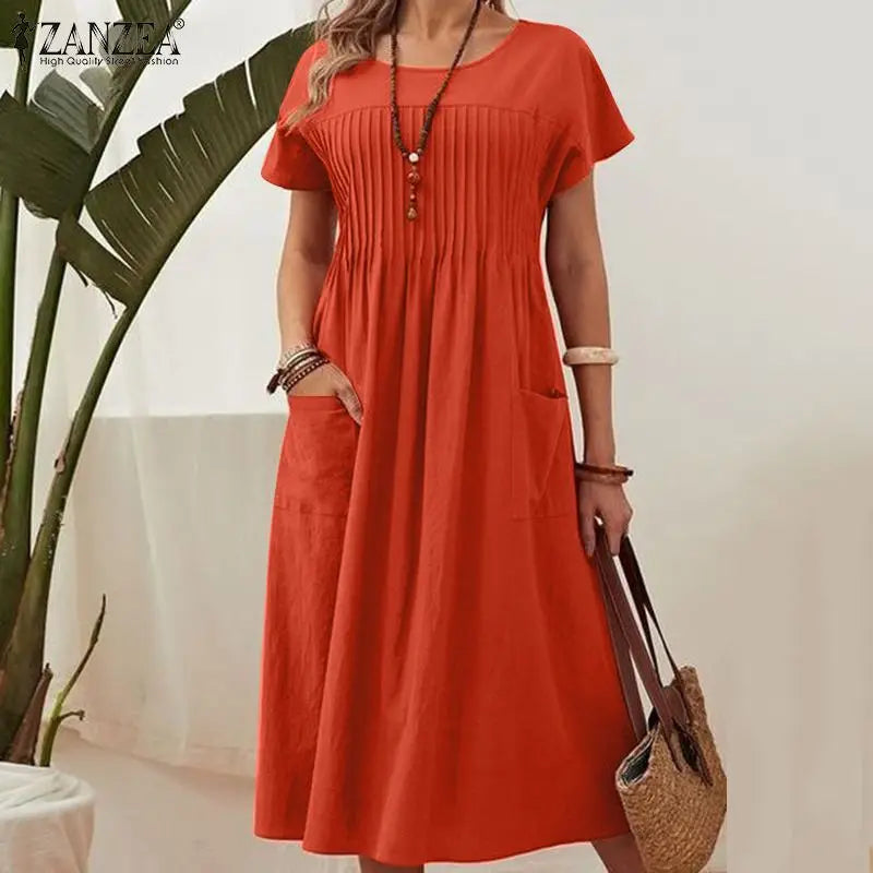 Summer Party Sundress Women O Neck Short Sleeve Mid Calf