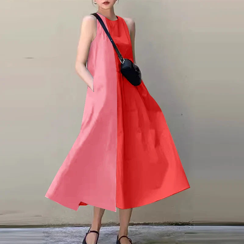 Women's Colorblock Sleeveless Midi Sundress With Pockets