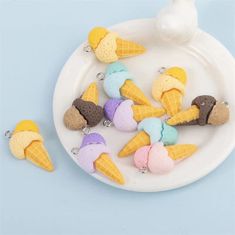 10Pcs Cute 3D Ice Cream Resin Charms for DIY Jewelry and Craft Accessories 38mm x 15mm