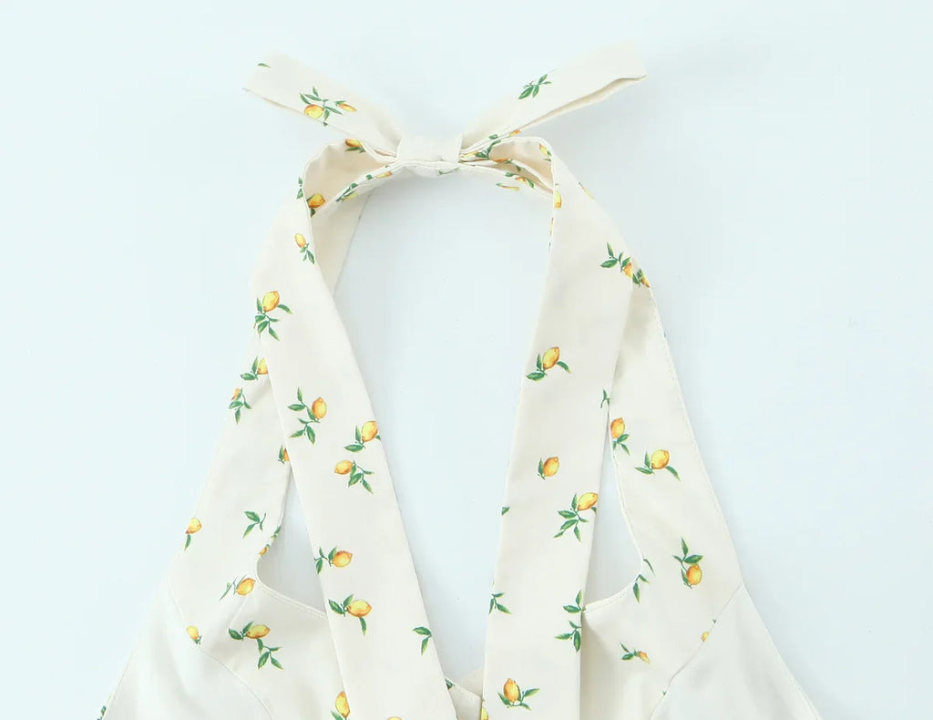 Casual Summer Two Piece Skirt Set for Women Lemon Print Backless Hanging Collar Tank Top with A-Line Mini Skirt Sleeveless Short Top