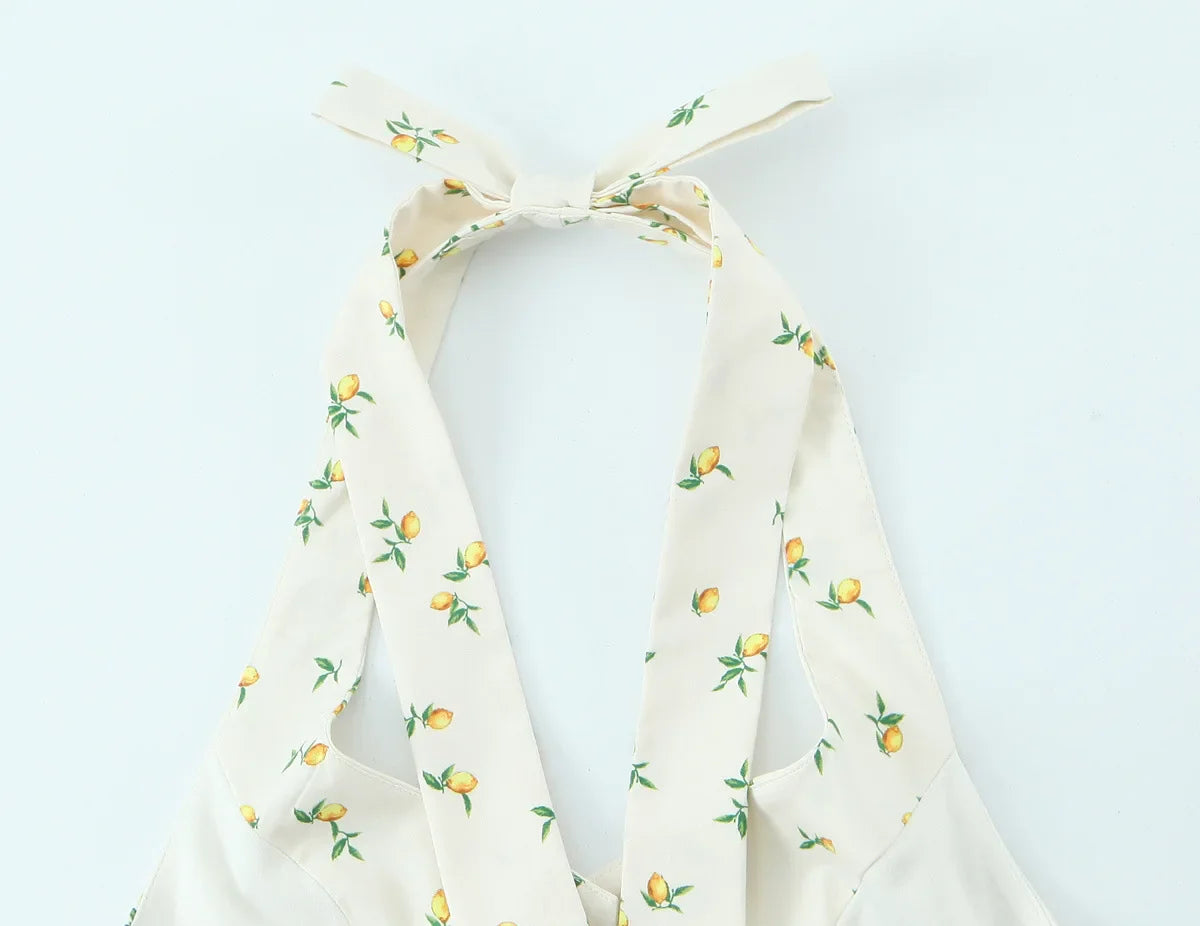 Casual Summer Two Piece Skirt Set for Women Lemon Print Backless Hanging Collar Tank Top with A-Line Mini Skirt Sleeveless Short Top