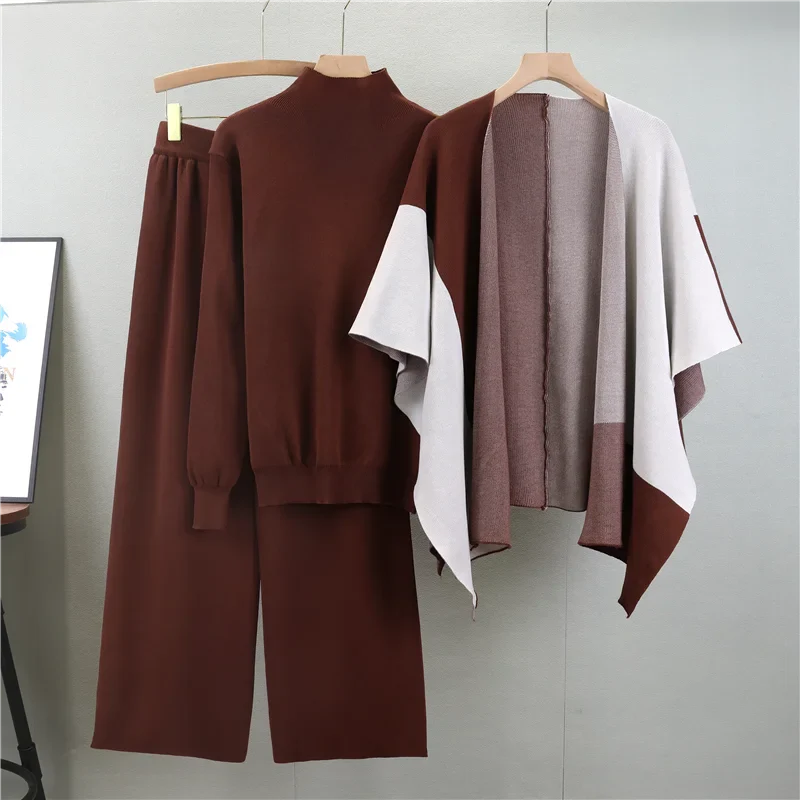 Elegant Knitted Three-Piece Suit for Women - Cozy Autumn Winter Knit Top with Wide Leg Pants and Stylish Shawl Set