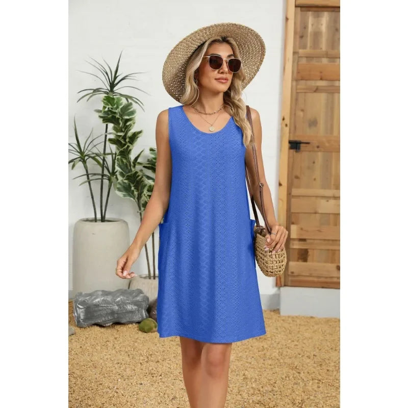 Loose Sleeveless Dress With Pockets Round Neck Solid Color