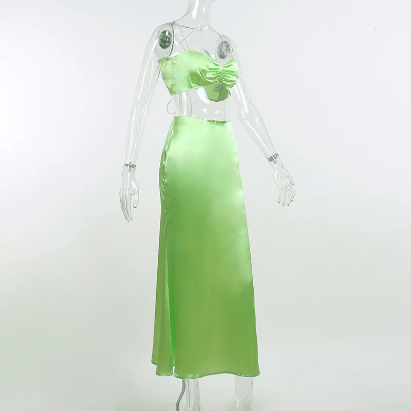 Two Piece Strapless Rope Halter Satin Bikini Set For Beach