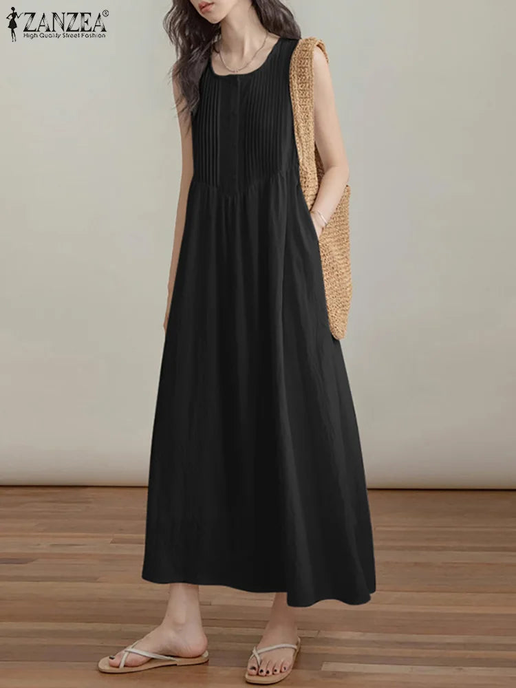 Sleeveless Pleated Long Sundress For Summer Beach Casual