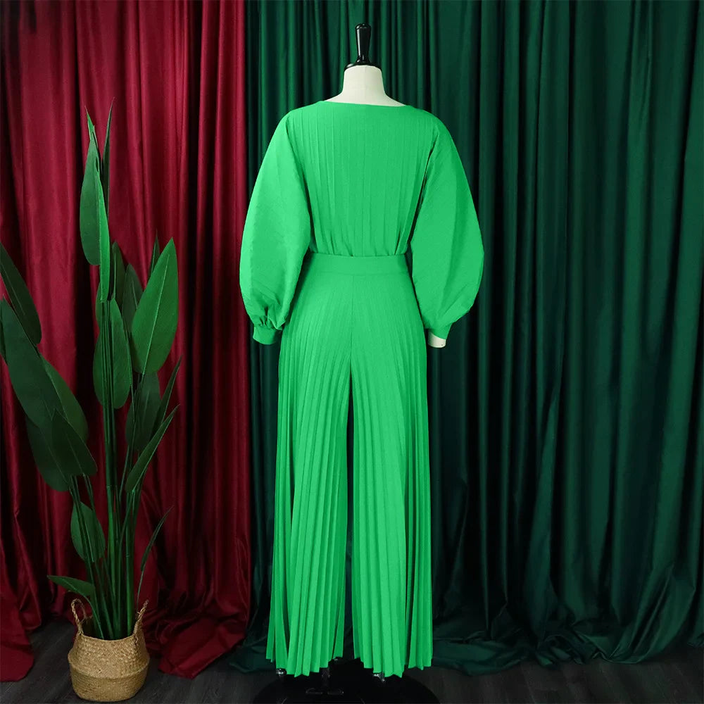 Elegant 2 Piece Women's Outfit with O Neck Blouse and High Waisted Wide Leg Pants Set