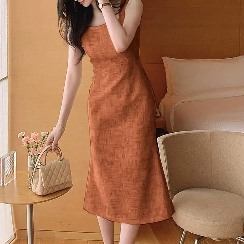 Elegant Sleeveless Square Neck Mermaid Midi Dress for Women