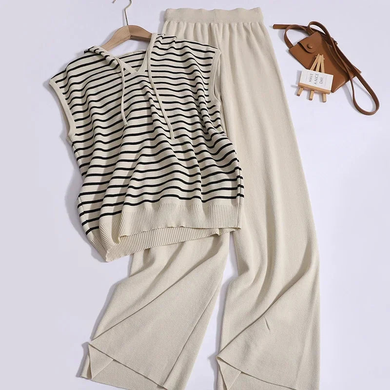 Women Casual Summer V-Neck Striped Tank Top and High Waist Wide Leg Pants Set