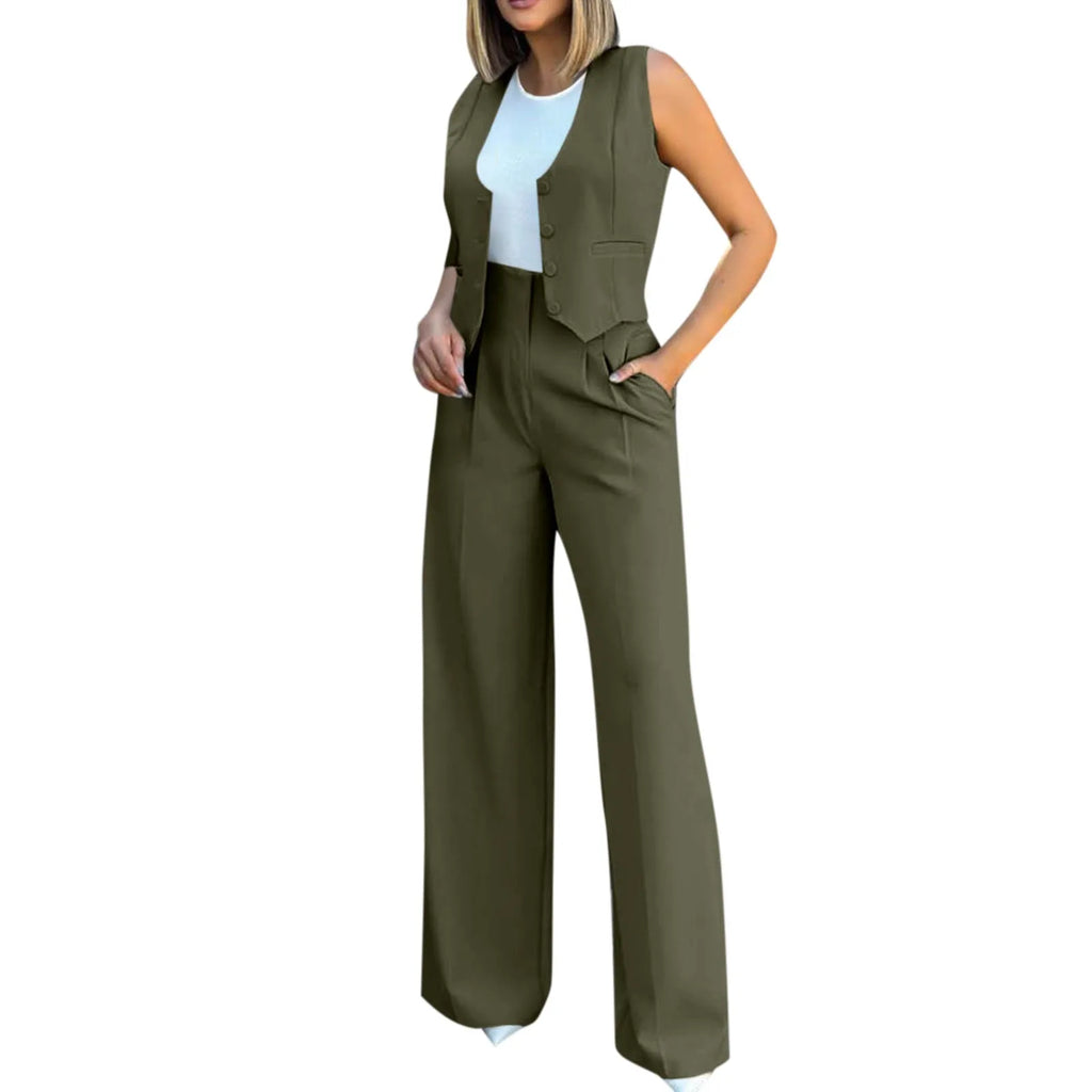 Sleeveless V-Neck Vest and High Waist Wide Leg Pant Set for Women Casual Chic Vintage Elegant Two Piece Outfit for Office and Everyday Wear
