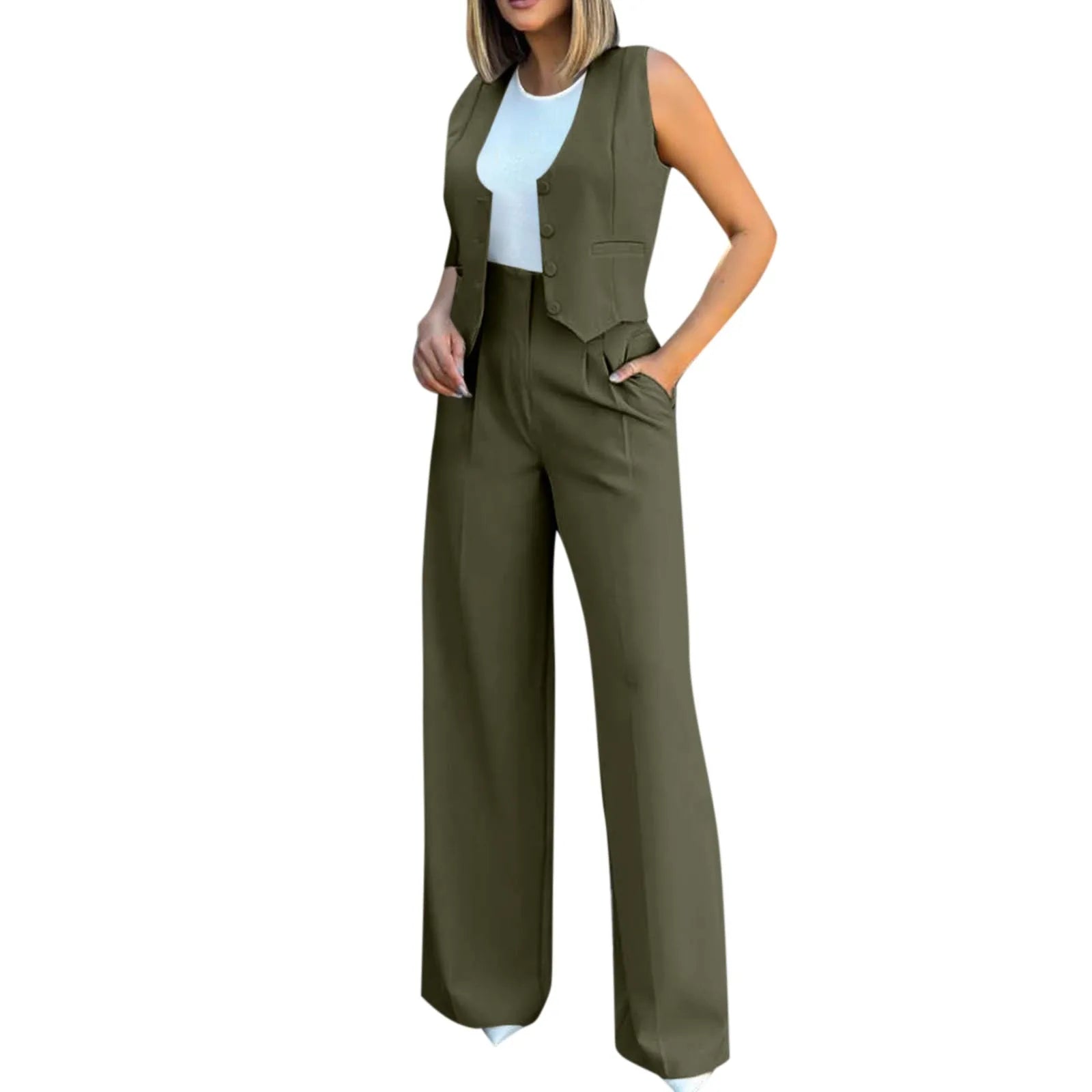 Sleeveless V-Neck Vest and High Waist Wide Leg Pant Set for Women Casual Chic Vintage Elegant Two Piece Outfit for Office and Everyday Wear