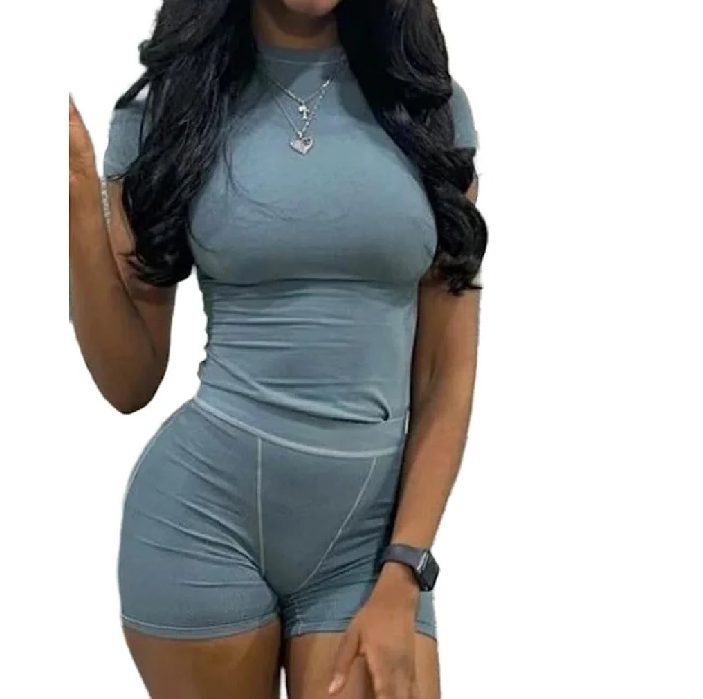 Casual Workout Two Piece Set for Women Fitted Crew Neck T-Shirt with High Waist Pants Matching Streetwear Outfit