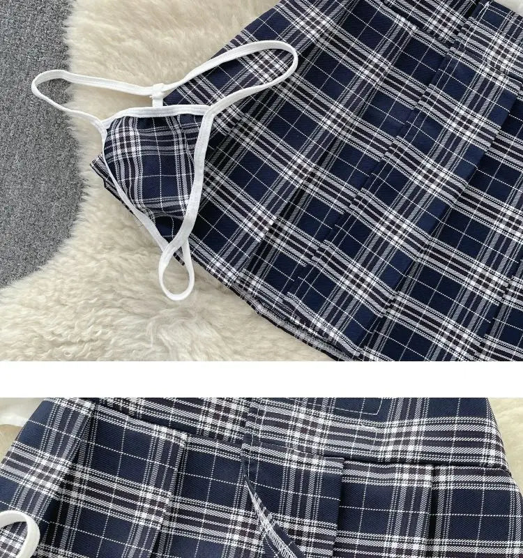 Sexy Preppy Style JK Set for Women Polo Neck See-Through Crop Top Plaid Pleated Short Skirt Student Cosplay Outfit