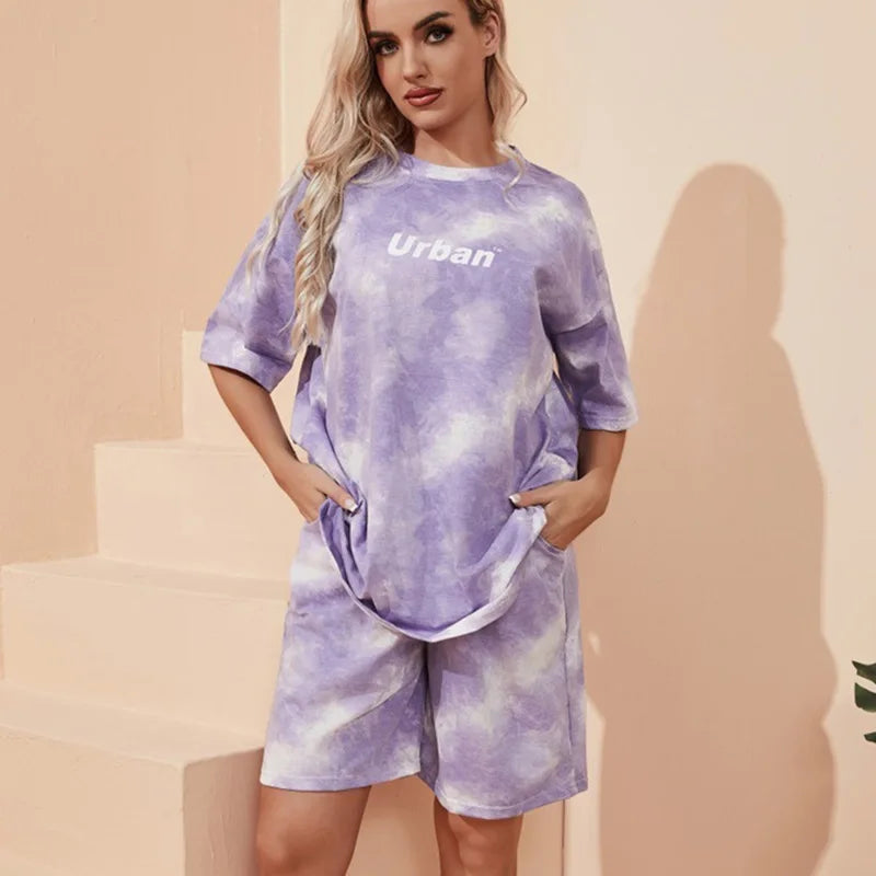 2Piece Women's Tie Dye T-Shirt and Wide Leg Shorts Set Casual Loose Fit Soft Summer Outfit with Pockets
