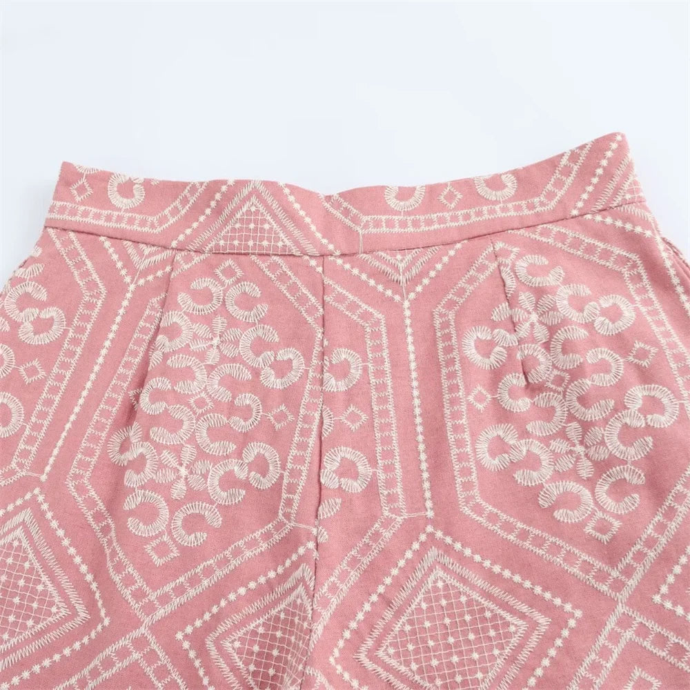 V-Neck Embroidered Kimono Style Mid-Length Windbreaker and High Waisted Straight Leg Pants Set for Women