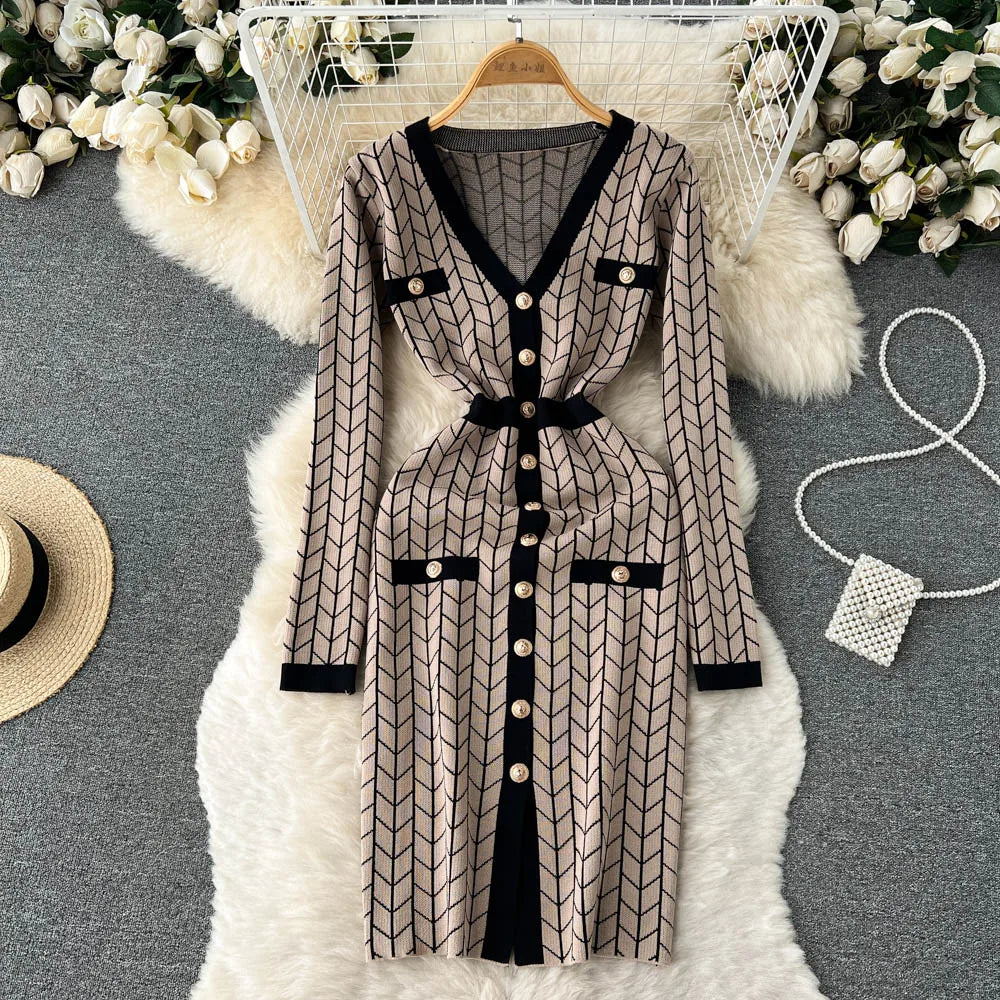 Autumn Plaid Knit Dress Women V Neck Elastic Waist Midi
