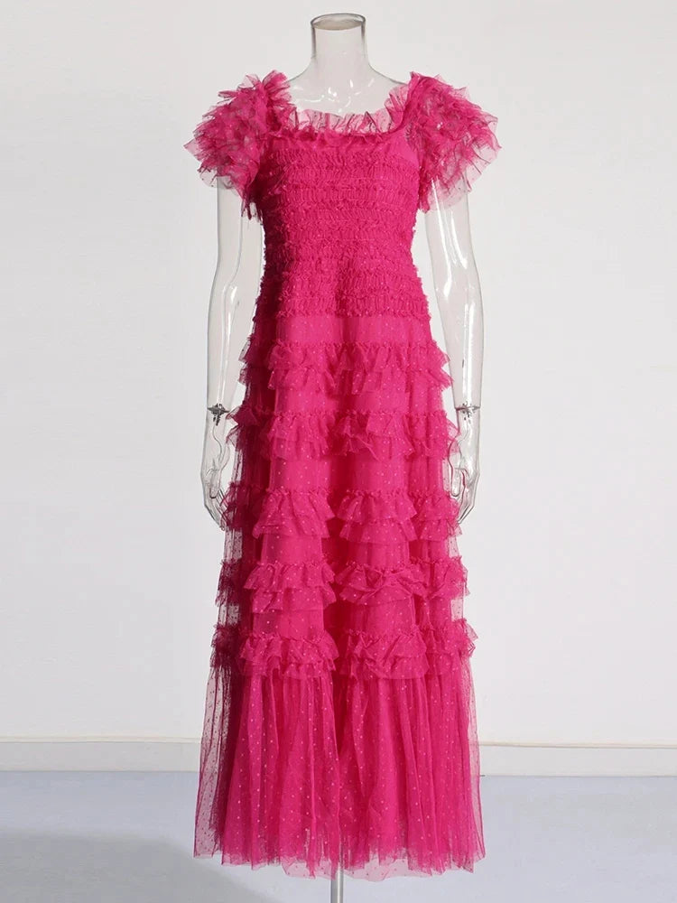 Patchwork Mesh Dress For Women High Waist Ruffled Casual