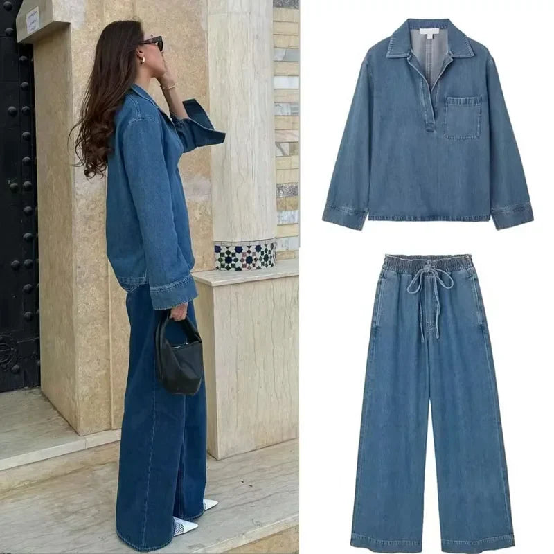 Blue Oversized Shirt and Wide Baggy Pants Denim Two Piece Set for Women Casual Autumn Outfit