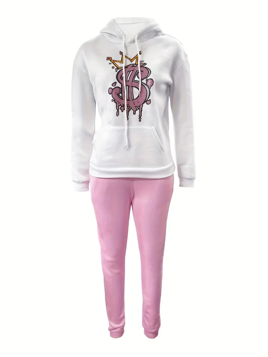 Elegant Two-Piece Autumn Winter Printed Pants Set for Women Casual Sport Trousers Outfit