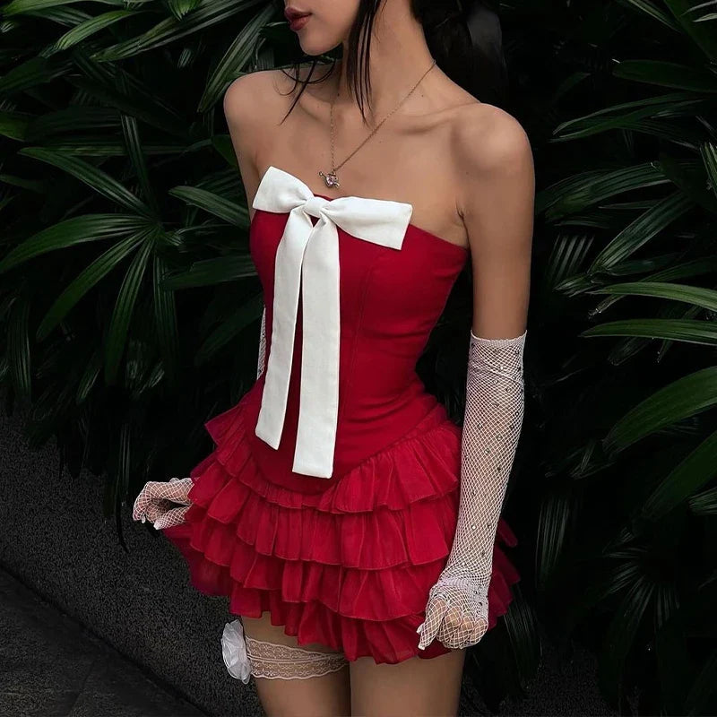 Y2K Bow Applique Mesh Pleated Mini Dress Strapless Backless