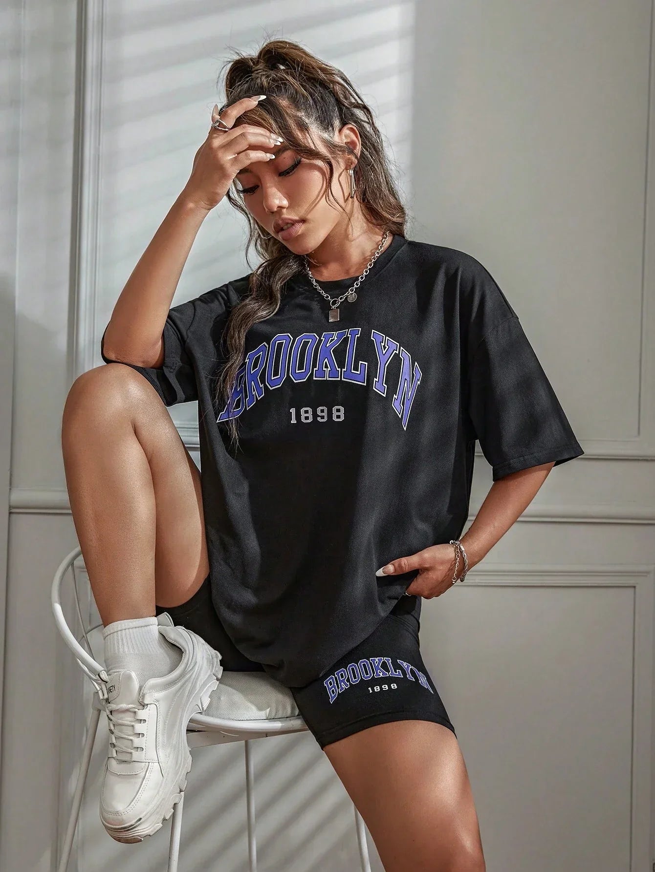 Brooklyn 1898 New York City Letter Graphic Cotton T-Shirt and Oversized Shorts Two-Piece Summer Casual Set for Women S-XL