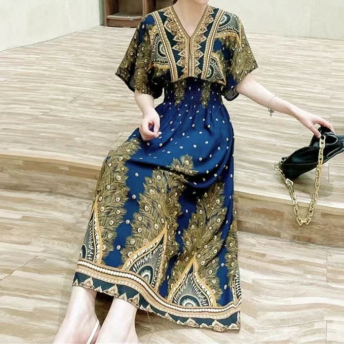 Chic Womens V Neck Vintage Boho Print A Line Dress Style