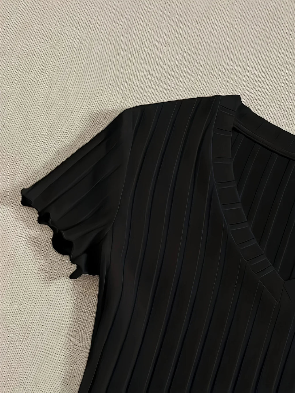 Elegant Ribbed V-Neck Bodysuit with Lettuce Trim and Semi-Sheer Comfort Fit for All Seasons