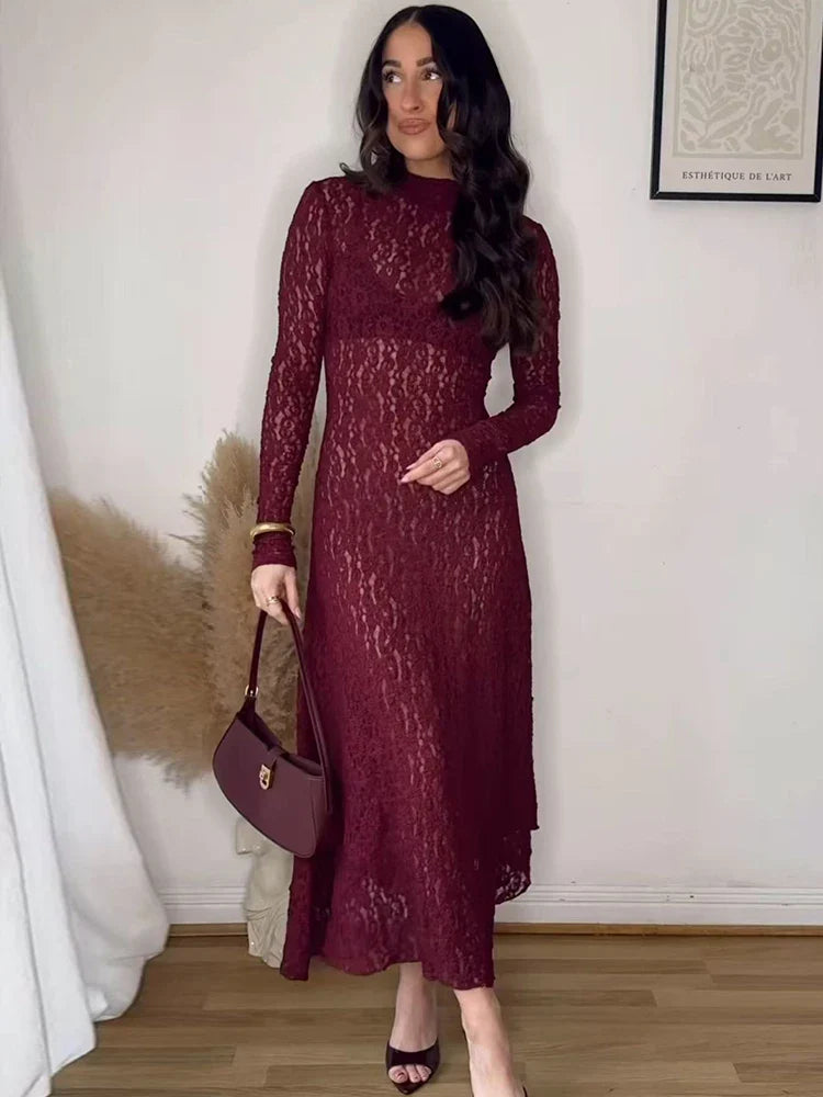 Lace Midi Dress Solid Hollow Out Asymmetric Long Sleeve