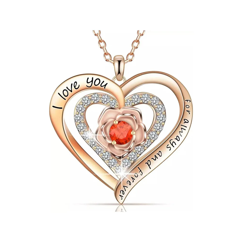 Luxury Red Zircon Pendant Necklace with Rose Flower Gift Box for Girlfriend Romantic Jewelry Gift